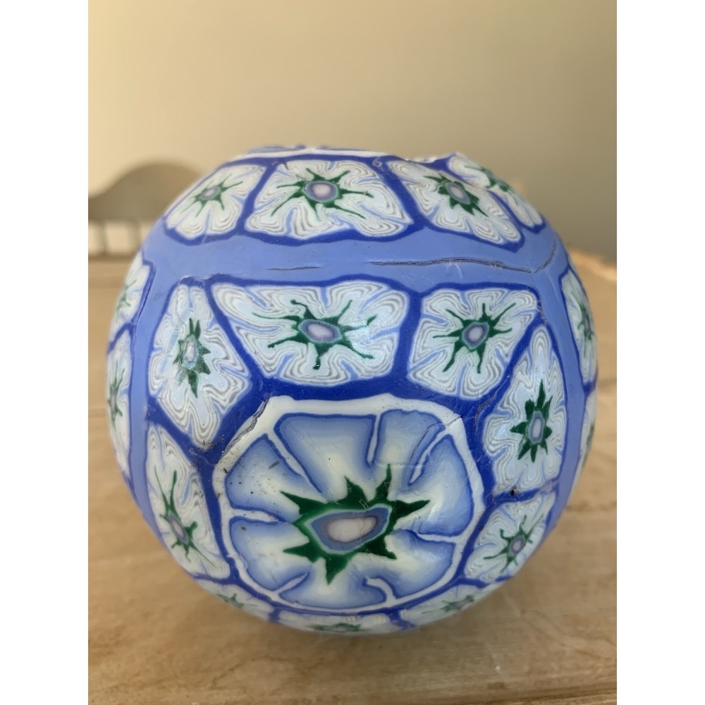 Millefiori Blue Floral Decorative Wax Ball Candle Single Wick Glow Vintage New
